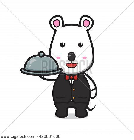 Cute Mouse As A Waitress Holding Hotplate Cartoon Vector Icon Illustration. Design Isolated Flat Car