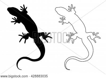 Lizard Reptile. Black Silhouette. Design Element. Vector Illustration Isolated On White Background. 