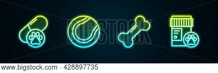 Set Line Dog Pill, Tennis Ball, Bone And Medicine Bottle. Glowing Neon Icon. Vector