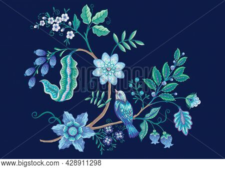 Fantasy Flowers In Retro, Vintage, Jacobean Embroidery Style. Embroidery Imitation Isolated On Black