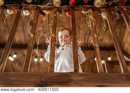 Portrait Cute Little Blond Toddler Boy Stand Looking At House Wooden Staricase Handrails Railings De