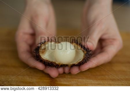 Ripe Rambutan And Leechy Or Lychee Fruits On Wooden Table. Healthy Food, Fresh Organic Fruit.