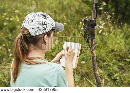 Young Woman Scientist Zoologist Writing Down Data From Trap Camera To Notepad, Observing Wild Animal