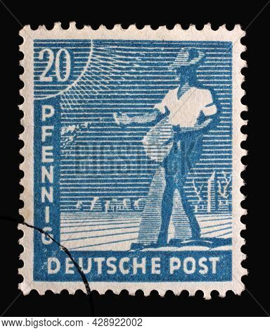 ZAGREB, CROATIA - SEPTEMBER 05, 2014: Stamp printed in Germany, American-British-Soviet Occupation (Trizone) shows Sower, circa 1947
