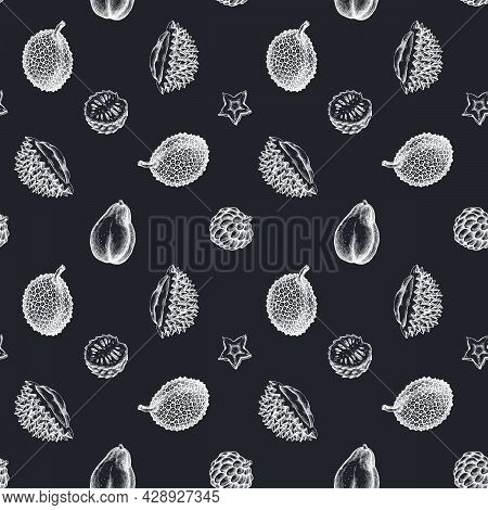 Seamless Pattern With Hand Drawn Chalk Papaya, Starfruit, Durian, Jackfruit, Sugar-apple, Soursop St