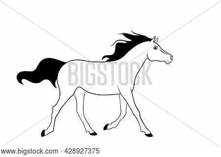 Cute Running Horse Is On A White Background. Illustration For Coloring Book.