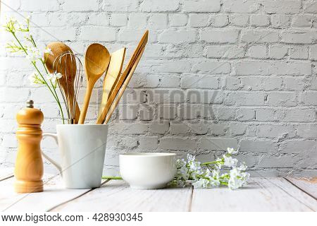 Kitchen Tools And Kitchenware Utensil Object With Ingredients On Kitchen Shelf Wood White For Health