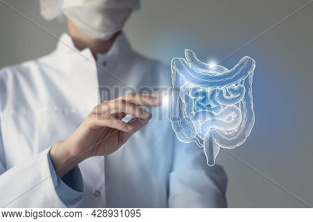 Female Doctor Touches Virtual Intestine In Hand. Blurred Photo, Handrawn Human Organ, Highlighted Bl