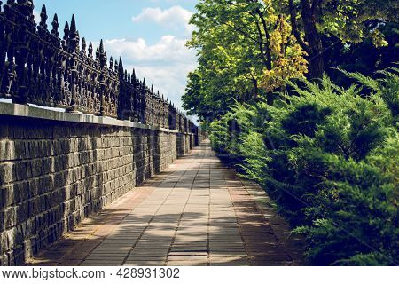 Path Through Autumn Park With Bright Foliage Of Trees, Green Tuya And Forged Fence