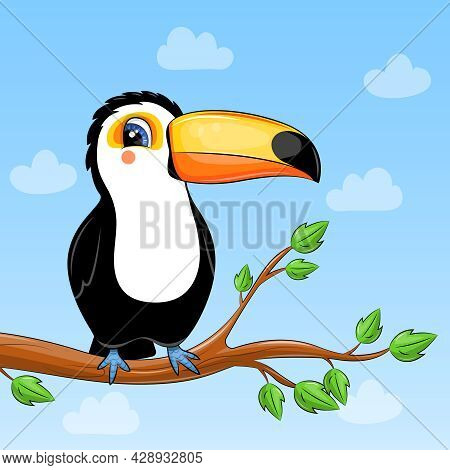 Cute Cartoon Toucan On The Tree. Vector Illustration Of A Bird On A Blue Background.