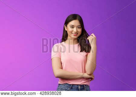Friendly Attractive Stylish Woman Asian Playing Hair Stran, Touching Haircut, Smiling Joyfully, Cros