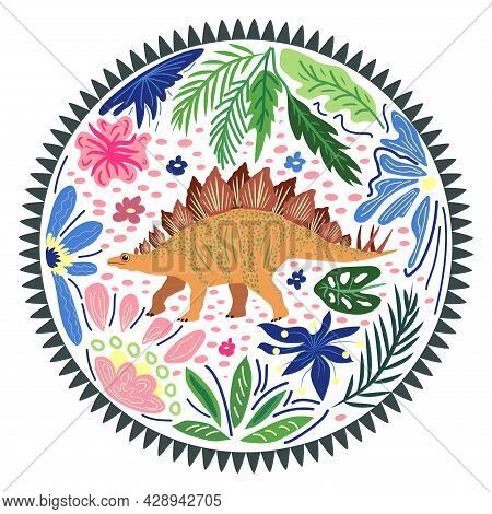 Stegosaurus Yellow, Prehistoric Dinosaurs Collection. Ancient Animals. Hand Drawn. In A Frame Of Flo