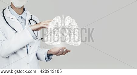 Female Doctor Holding Virtual Lungs In Hand. Handrawn Human Organ, Copy Space On Right Side, Grey Hd