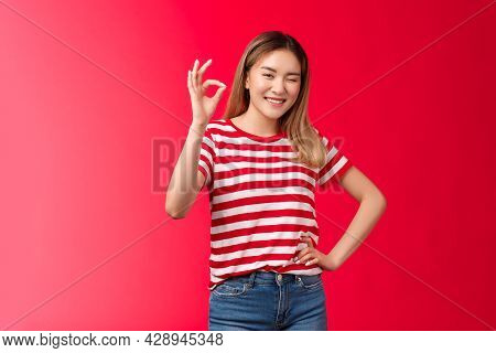 Good Job Mate. Proud Happy Female Coworker Approve Your Effort Show Okay Gesture Winking Joyfully Co