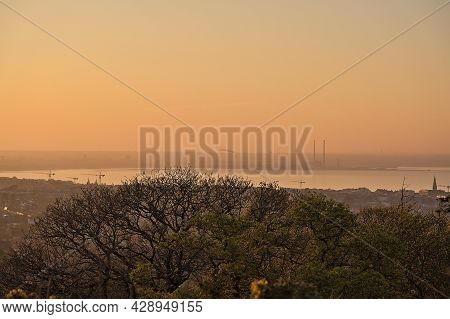 Beautiful Evening View Of Dublin Bay, Covanta Plant (dublin Waste To Energy), Construction Cranes An