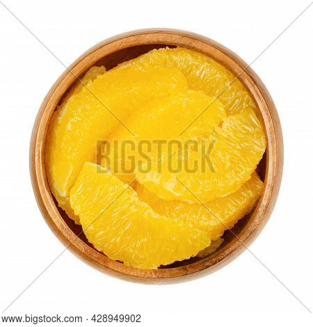 Orange Slices Supreme, In A Wooden Bowl. Fresh, Ripe Orange Segments, Cut Without Membranes, Sweet F