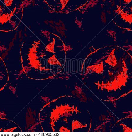 Halloween Pattern. Vector Seamless Abstract Background With Scary Pumpkins, Ghosts, Bright Neon Jack