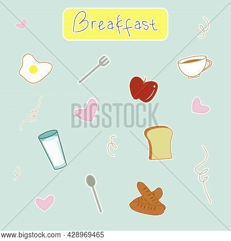 Vector Illustration Of Breakfast Set. A Glass Of Milk. Bread With Egg And Sausage. A Cup Of Coffee. 