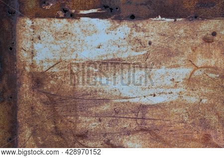 Old Light Blue Painted Grey Rusty Rustic Rust Iron Metal Frame Background Texture, Horizontal Aged D