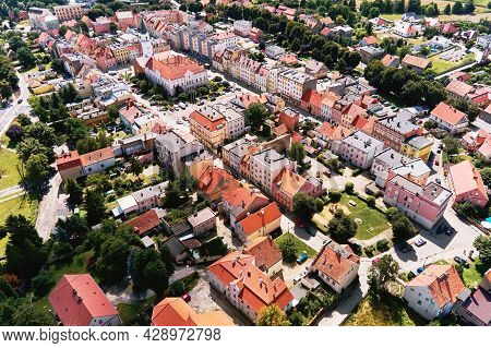 Aerial View Of Small European City With City Streets And Residential Buildings. Katy Wroclawskie Pan