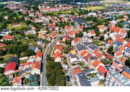 Aerial View Of Small European City With City Streets And Residential Buildings. Katy Wroclawskie Pan