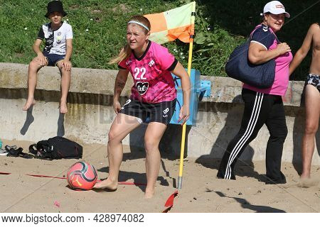 Odessa, Ukraine July 8, 2021: Ukrainian Beach Soccer Women's Cup. The Girl's Footballers Are Despera