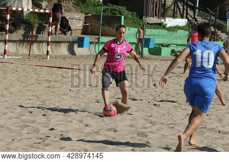 Odessa, Ukraine July 8, 2021: Ukrainian Beach Soccer Women's Cup. The Girl's Footballers Are Despera