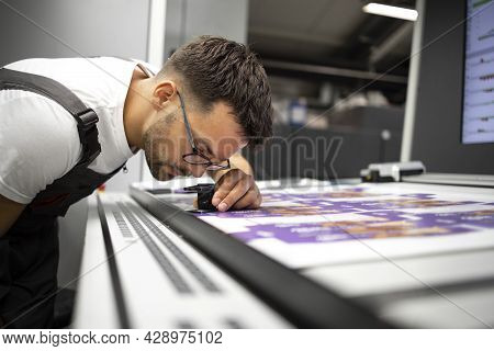 Worker Checking Print Quality Of Graphics In Modern Printing House.