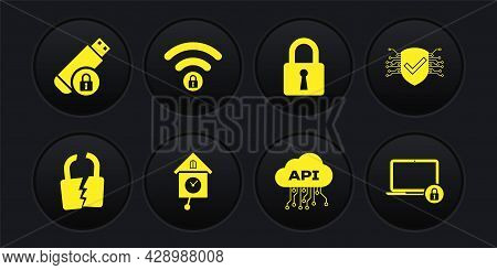 Set Broken Or Cracked Lock, Cyber Security, Retro Wall Watch, Cloud Api Interface, Lock And Wifi Loc