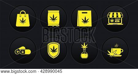 Set Medical Pills With Marijuana, Online Buying, Shield And, Test Tube, Shopping Bag Of, Marijuana O