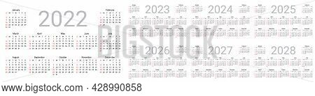 Calendar 2022, 2023, 2024, 2025, 2026, 2027, 2028 Years. Week Starts Sunday. Simple Template Of Pock