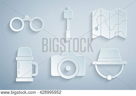 Set Photo Camera, Location Of The Forest On Map, Thermos Container, Camping Hat, Marshmallow Stick A