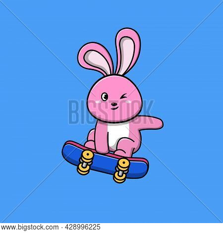 Cute Rabbit Summer With Flamingo Tires And Orange Juice Cartoon Vector Icon Illustration. Animal Foo