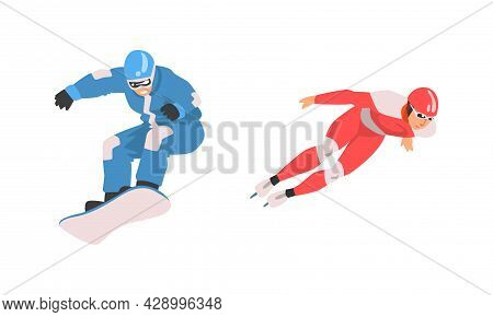 Man Character Ice Skating And Snowboarding Vector Set