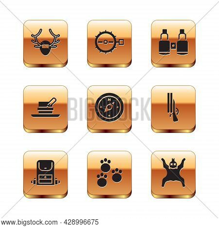 Set Deer Antlers On Shield, Hiking Backpack, Paw Print, Compass, Hunter Hat With Feather, Binoculars