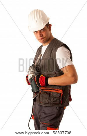 Construction Worket With Drilling Machine Isolated Over White Background