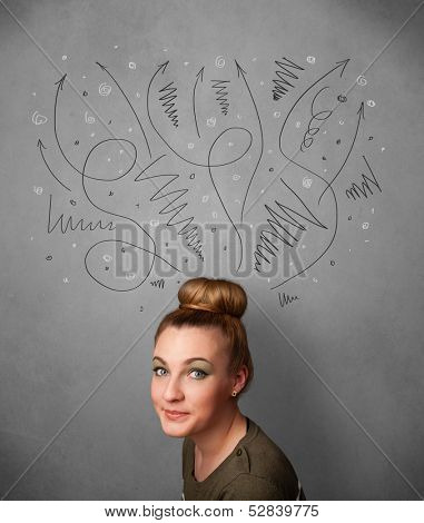 Pretty young woman deciding with sketched arrows over her head