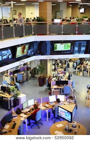 MOSCOW - MAR 5: View from the second floor to the office news agency RIA Novosti with many screens on March 5, 2013 in Moscow, Russia.