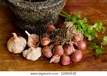 Stone Mortar With Many Kind Of Herbs