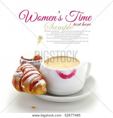 Cup of coffee with lipstick mark and croissant with strawberry jam