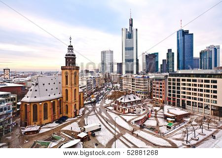 View To Skyline Of Frankfurt With Hauptwache And Skyscraper Early Morning