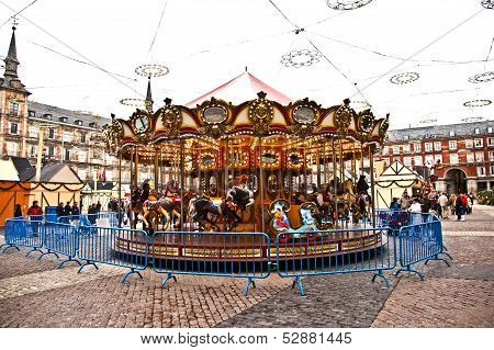 Carousell For Children In The Evening At The Plaza De Mayor In Madrid