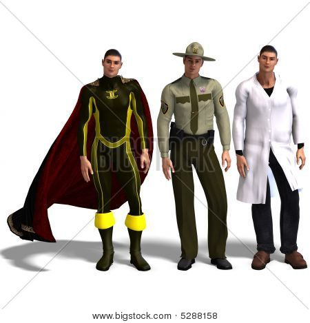 Üç farklı kıyafetler: Kahraman, polis, doktor