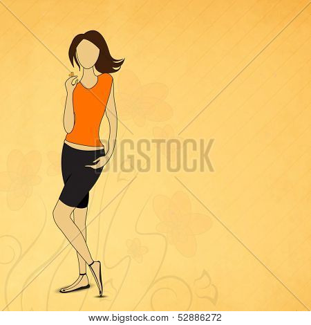 Illustration of a modern young girl on vinatge floral decorated background.