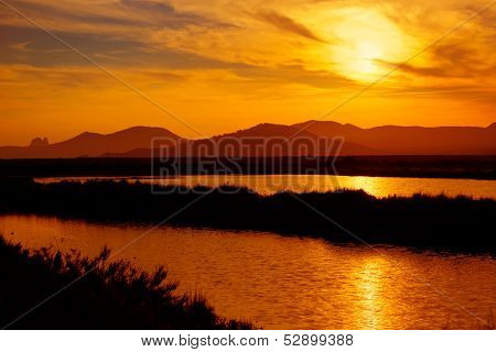 Ibiza ses Salines saltworks at sunset in Sant Josep at Balearic Islands of Spain