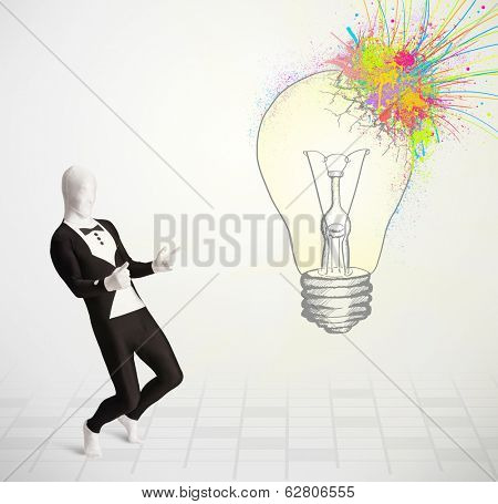 3d human character is body suit morphsuit looking at abstract colorful lightbulb