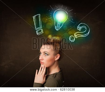 Young preety teenager with hand drawn light bulb illustration
