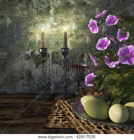 Jewish celebrate pesach passover with eggs, matzo and flowers holiday background