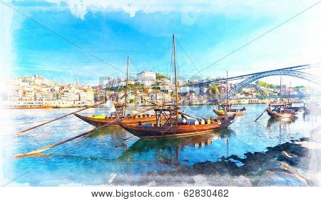 old Porto and traditional boats with wine barrels Portugal
