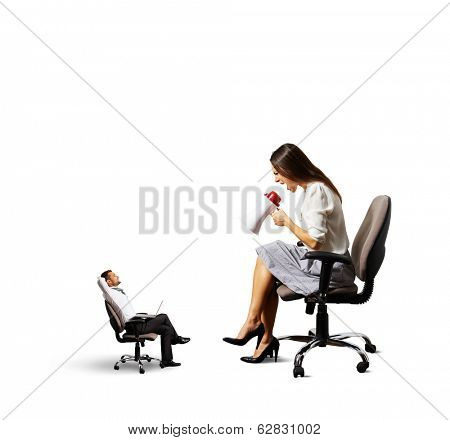 smiley small man listening angry big woman over white background